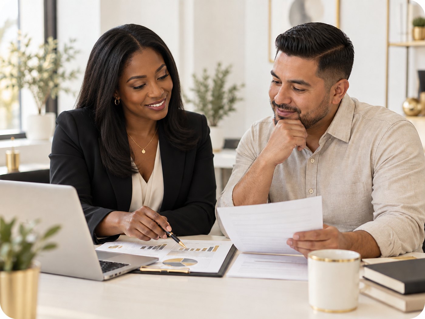 Tax preparer reviewing business reports with a client